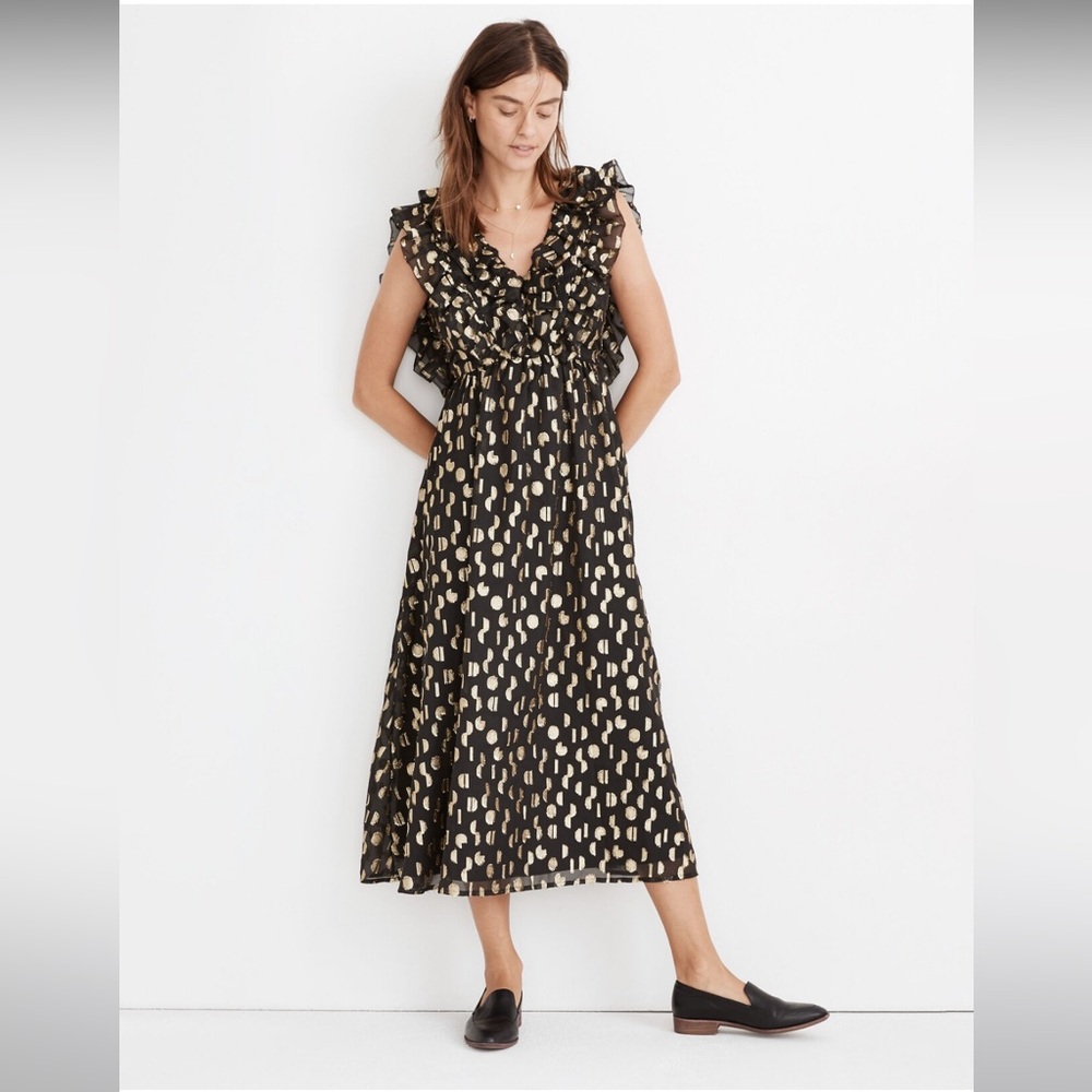 Madewell Metallic Clipdot Open-Back Ruffle Maxi Dress Black and Gold